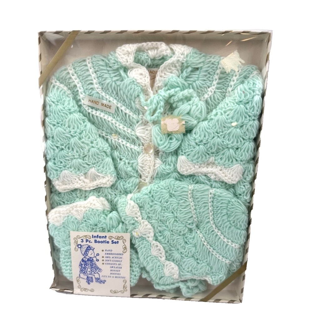 Vintage Infant 3 PC Bootie Set Blue Handmade Sweater Bonnet Booties JC Penny's